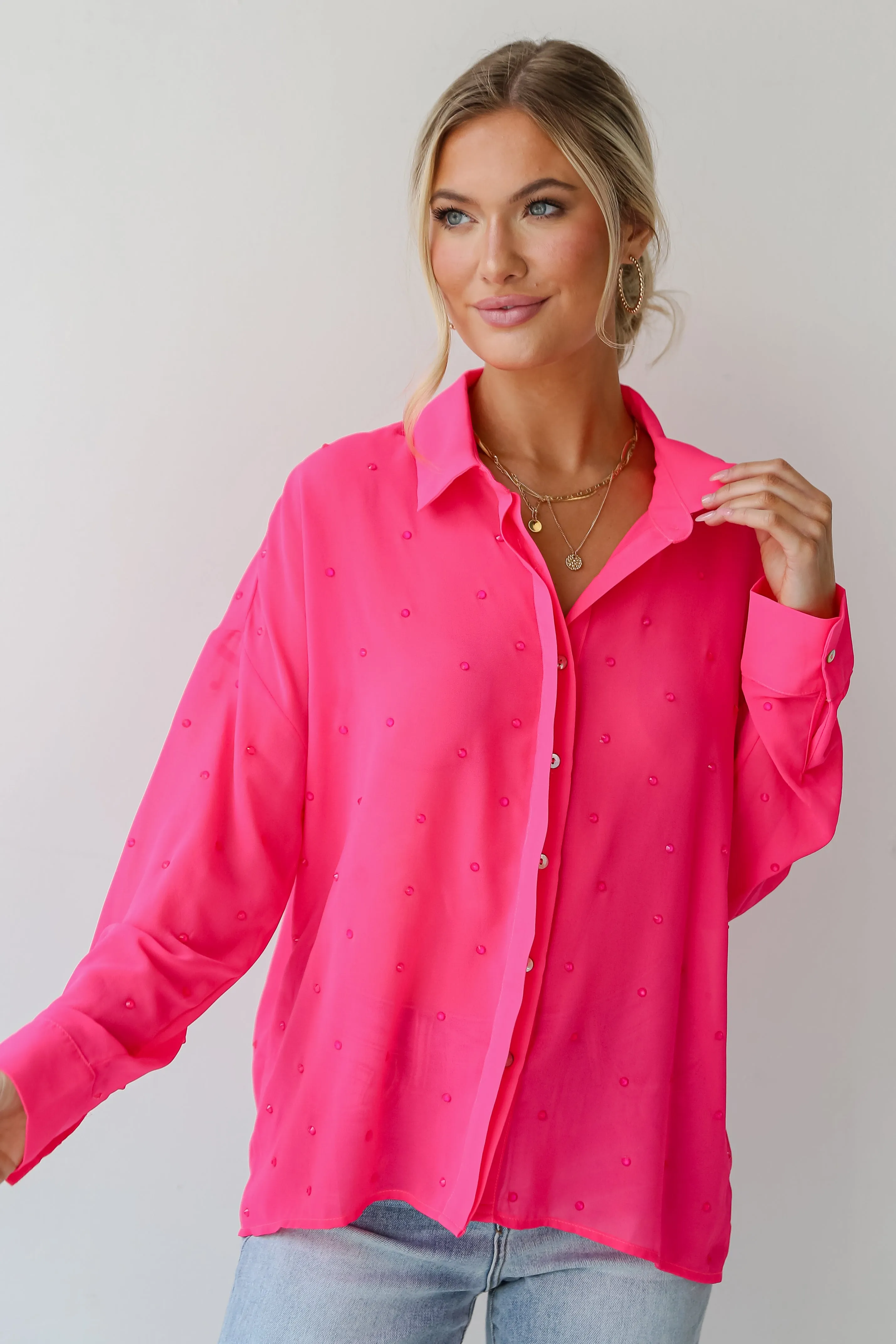 FINAL SALE - Illuminated Design Fuchsia Rhinestone Button-Up Blouse