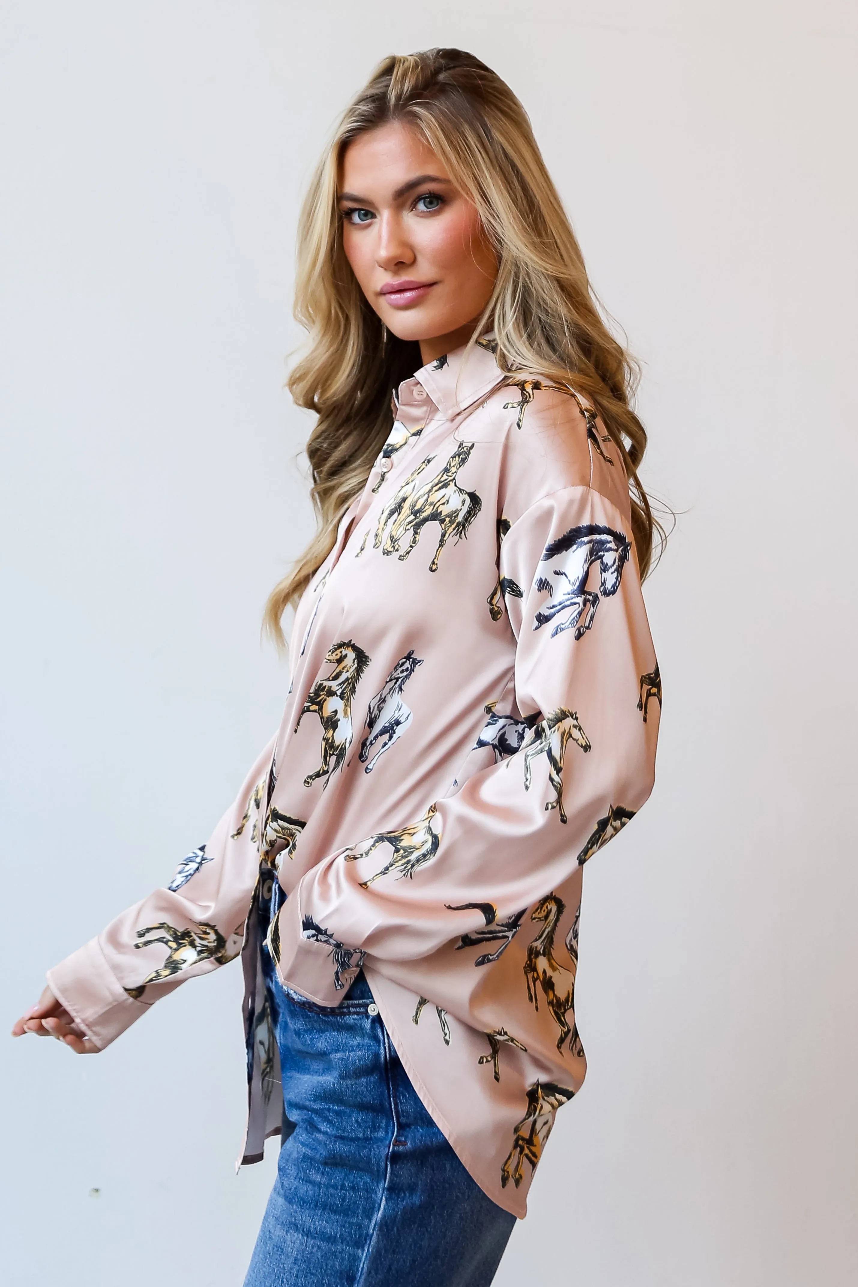 FINAL SALE - Ride With Me Blush Horse Button-Up Blouse