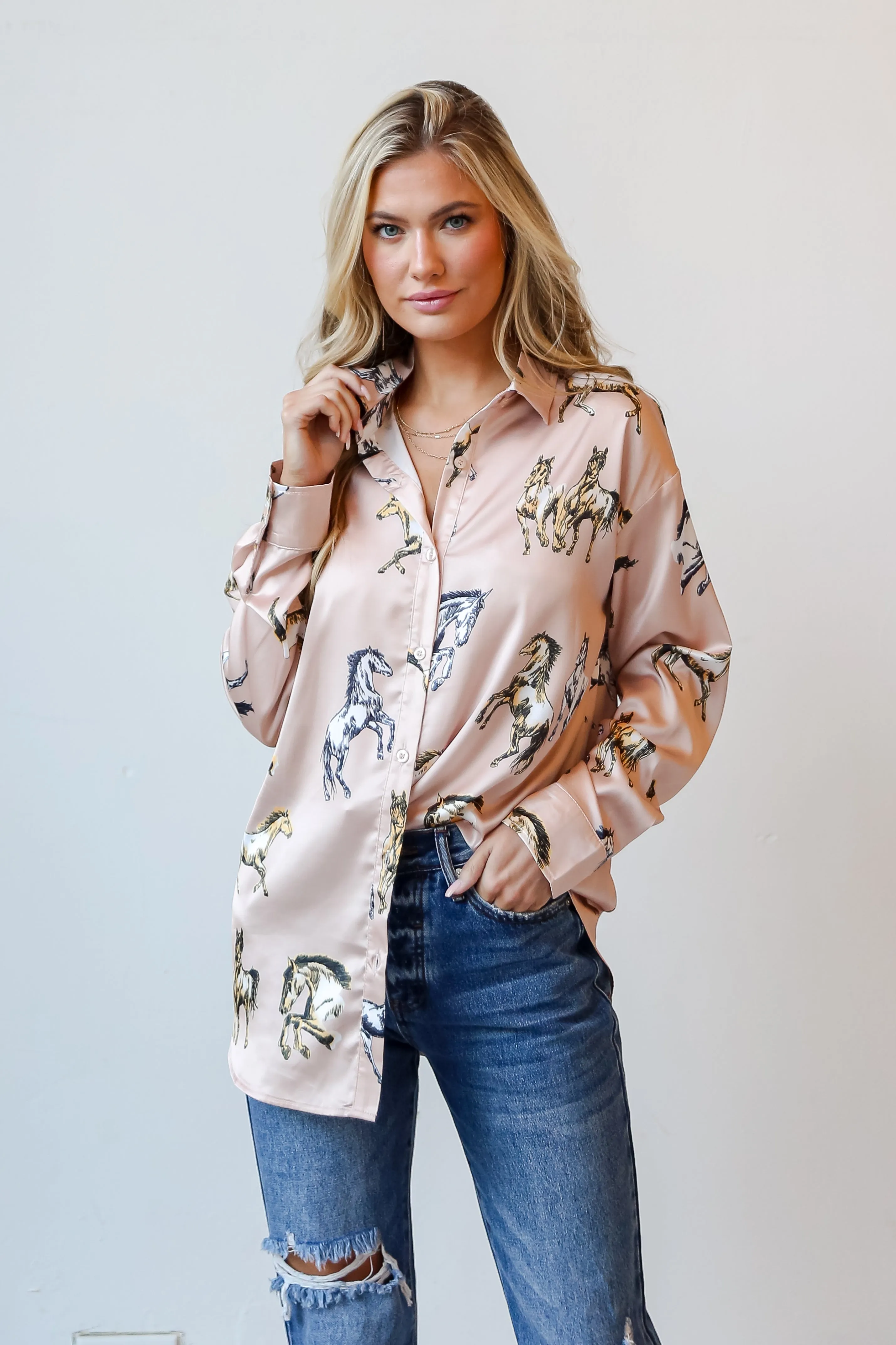 FINAL SALE - Ride With Me Blush Horse Button-Up Blouse