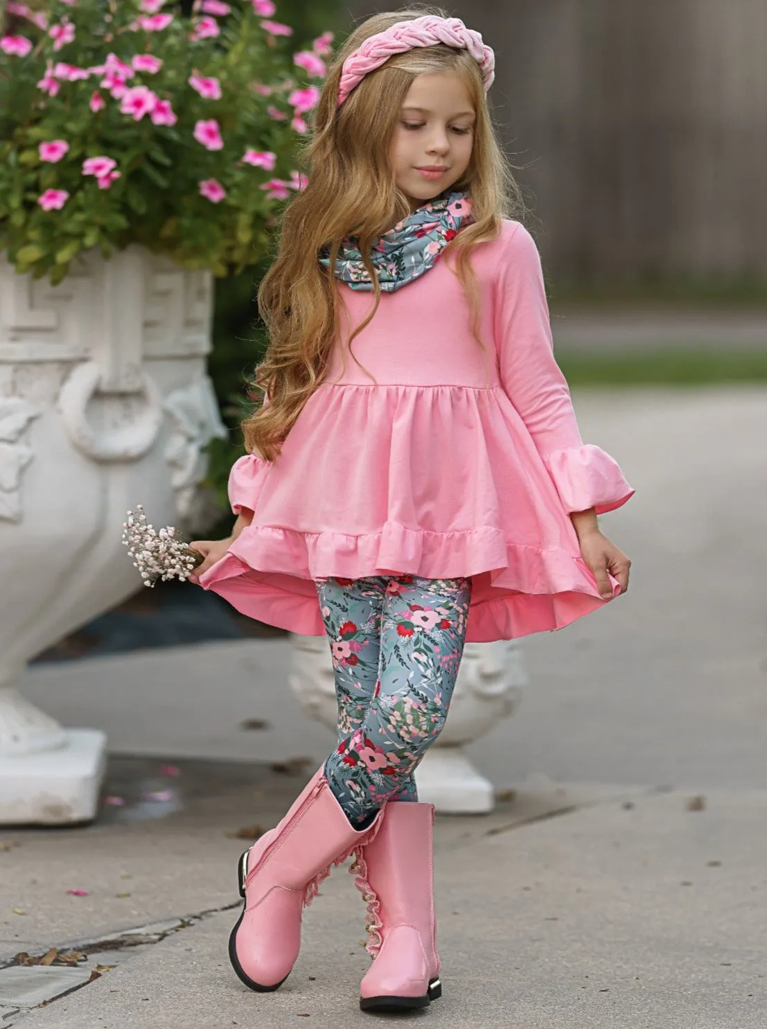 Flawless Hi-Lo Ruffle Tunic, Floral Leggings And Scarf Set