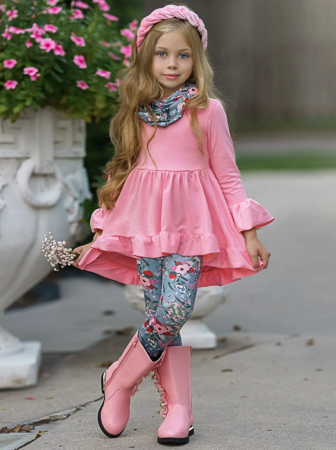 Flawless Hi-Lo Ruffle Tunic, Floral Leggings And Scarf Set