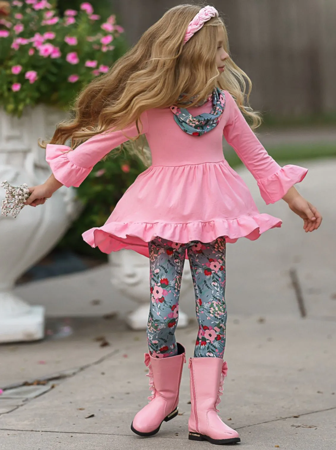 Flawless Hi-Lo Ruffle Tunic, Floral Leggings And Scarf Set