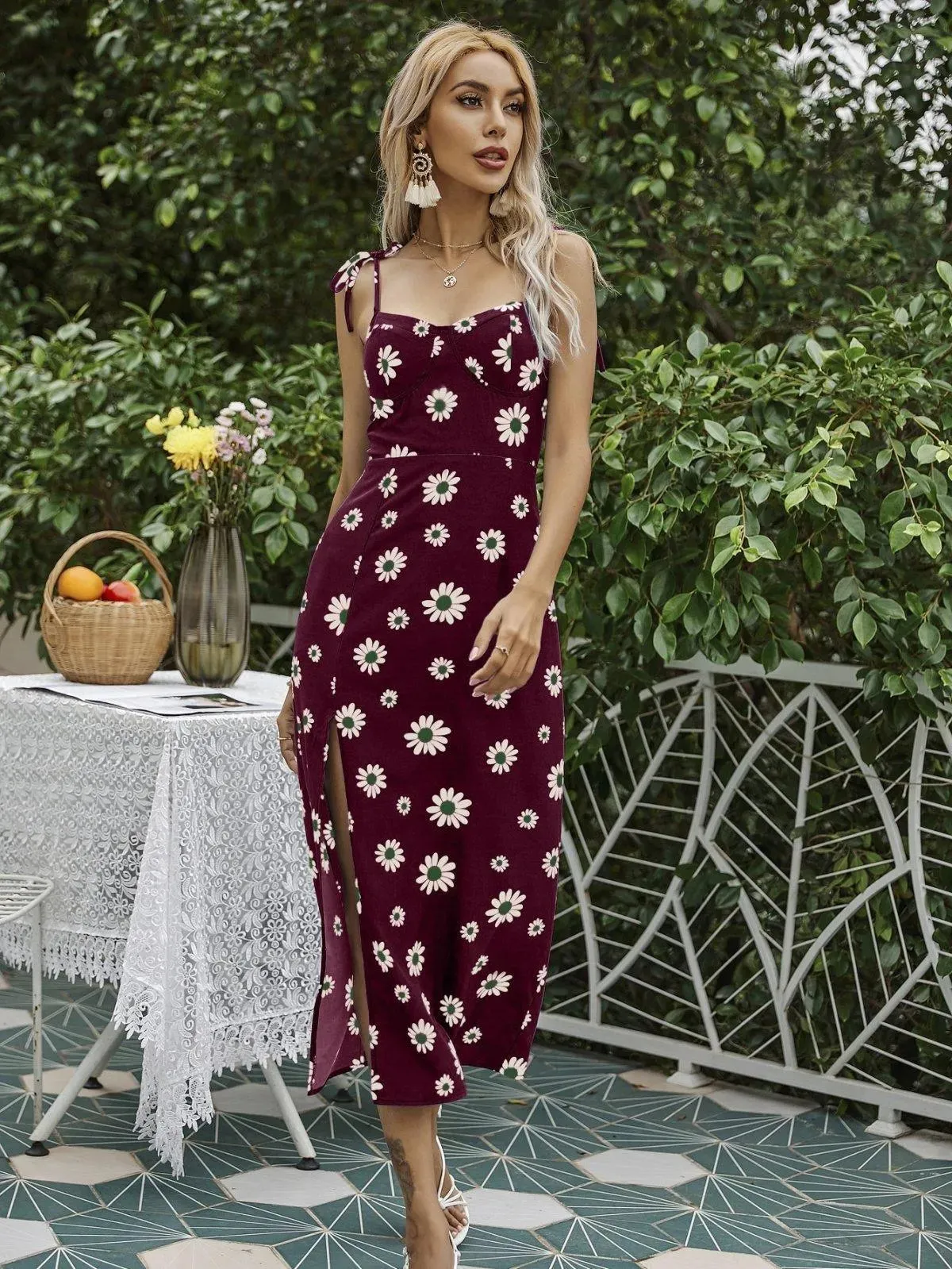 Floral Tie Shoulder Strap Split Dress