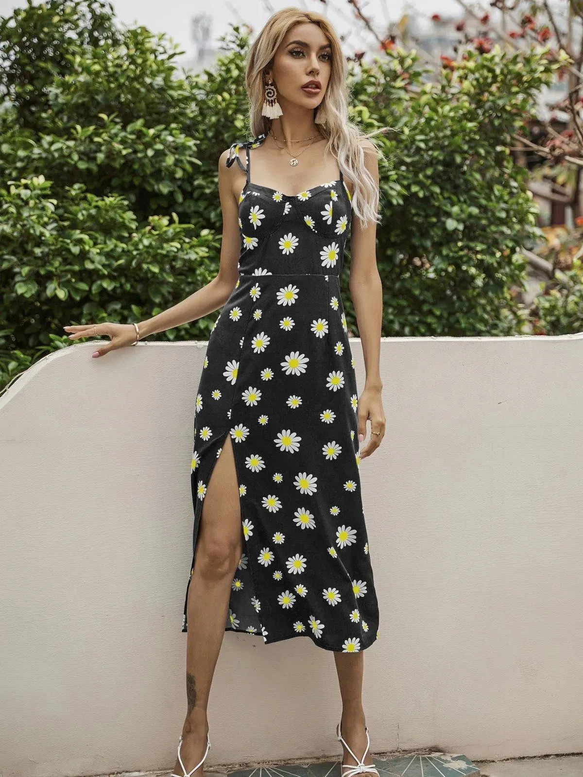 Floral Tie Shoulder Strap Split Dress