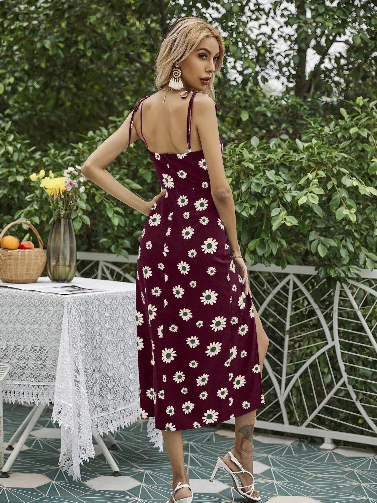 Floral Tie Shoulder Strap Split Dress