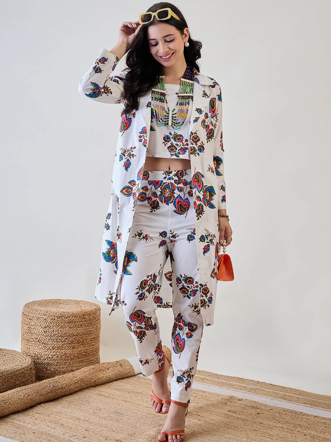 Floral White 3 Piece Overcoat Co Ord Set