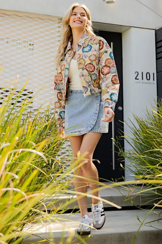 Flower Power Retro Floral Printed Cropped Jacket