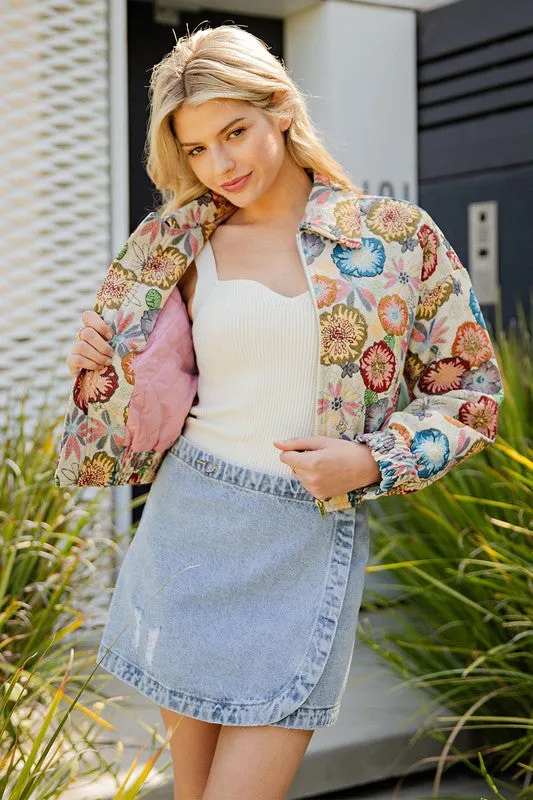 Flower Power Retro Floral Printed Cropped Jacket