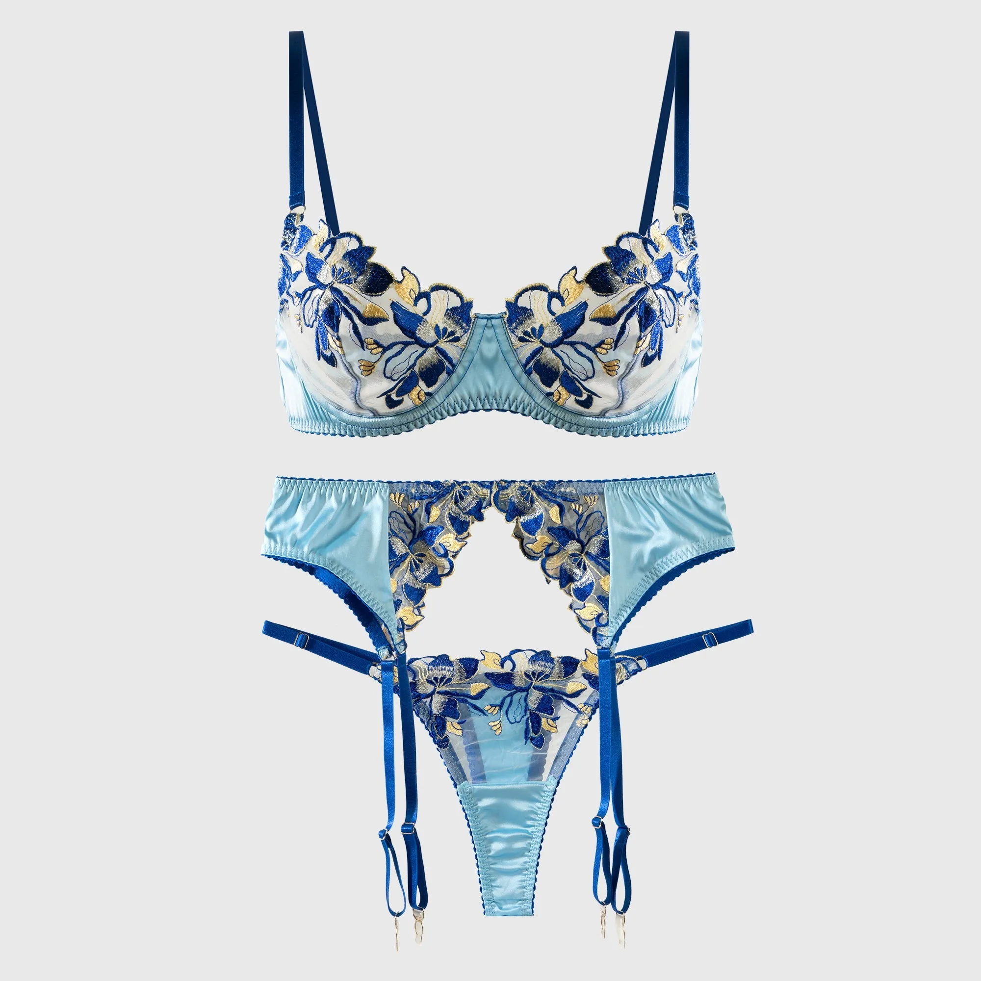 Fresh Blue Satin Embroidered Lingerie