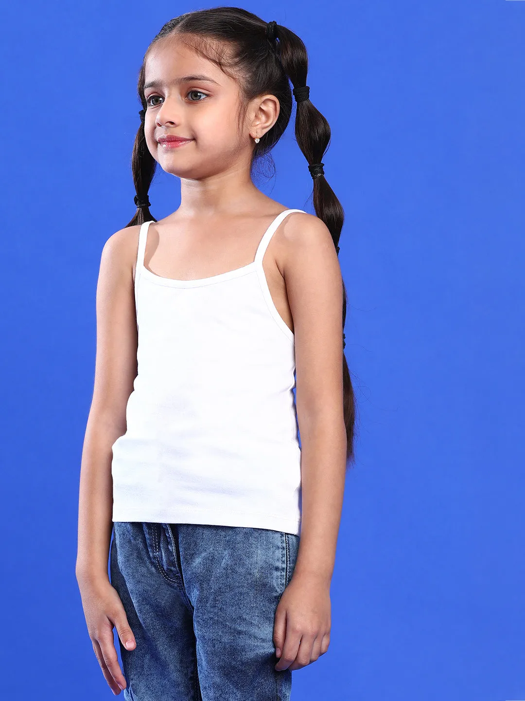 Girls White Lycra Regular Fit Spaghetti Sleeve Solid Camisole