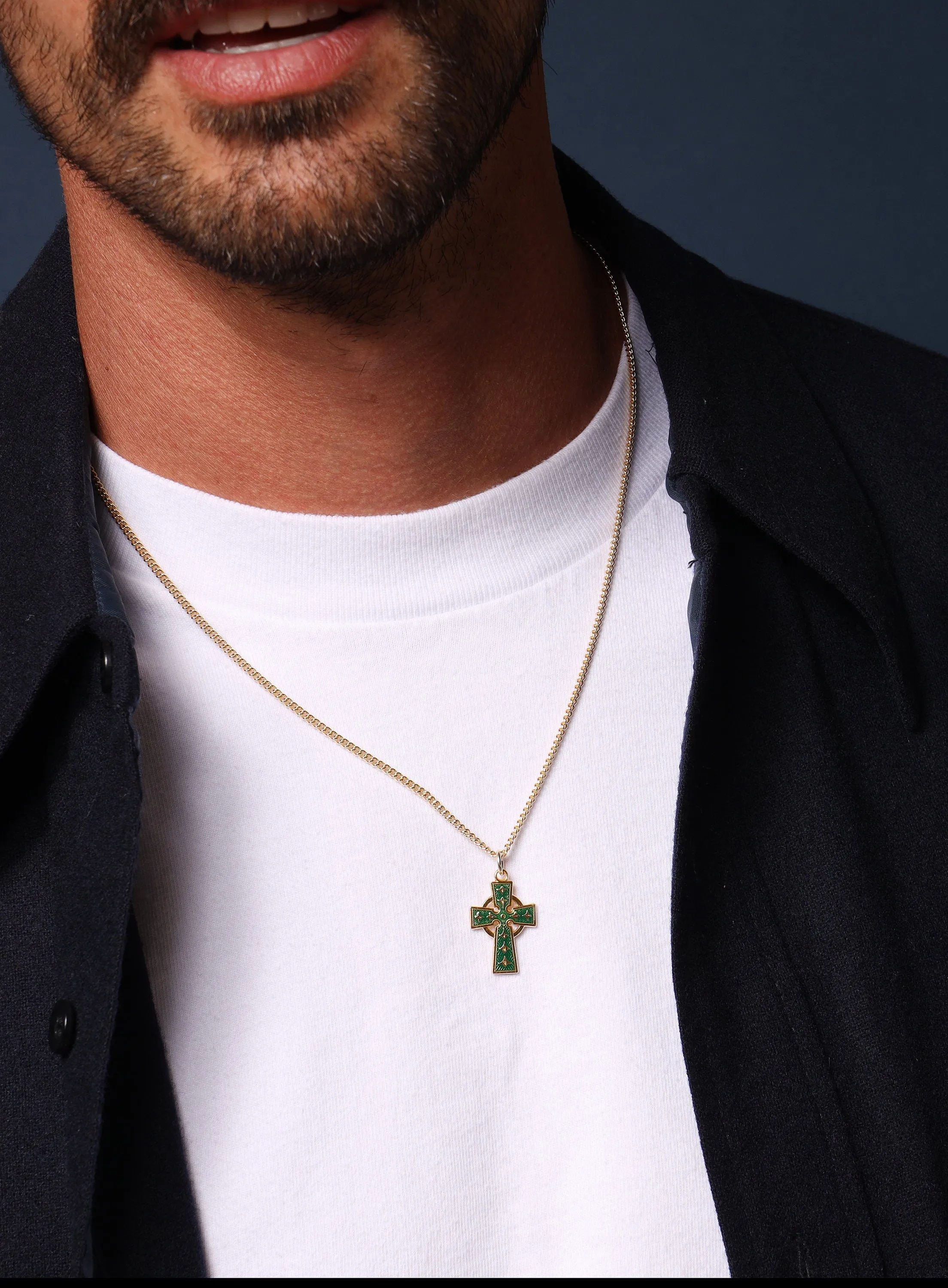 Gold Celtic Cross with Green enamel Necklace