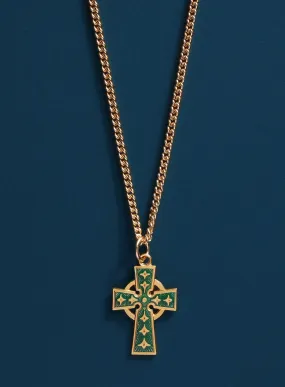 Gold Celtic Cross with Green enamel Necklace