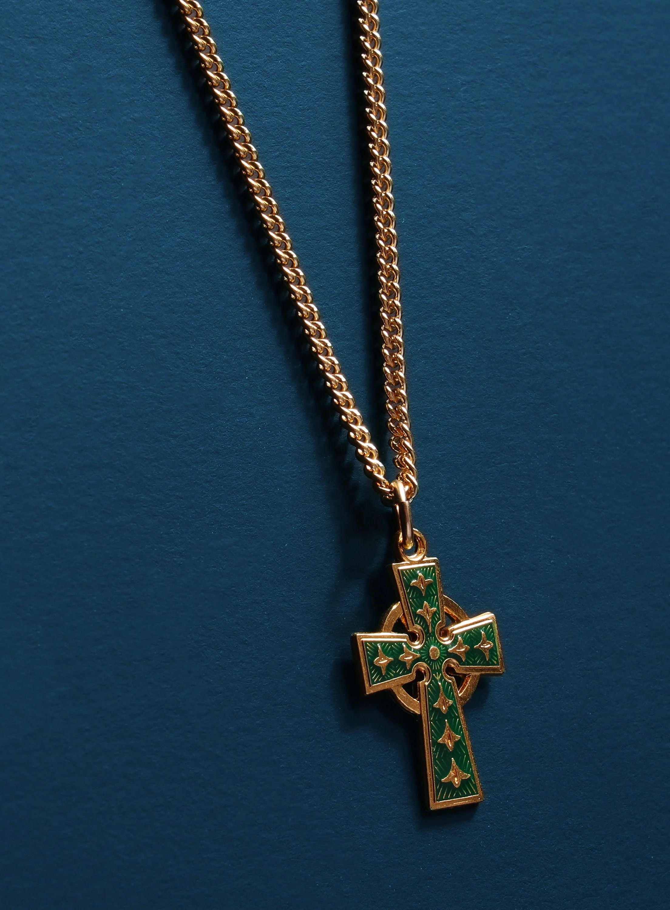 Gold Celtic Cross with Green enamel Necklace