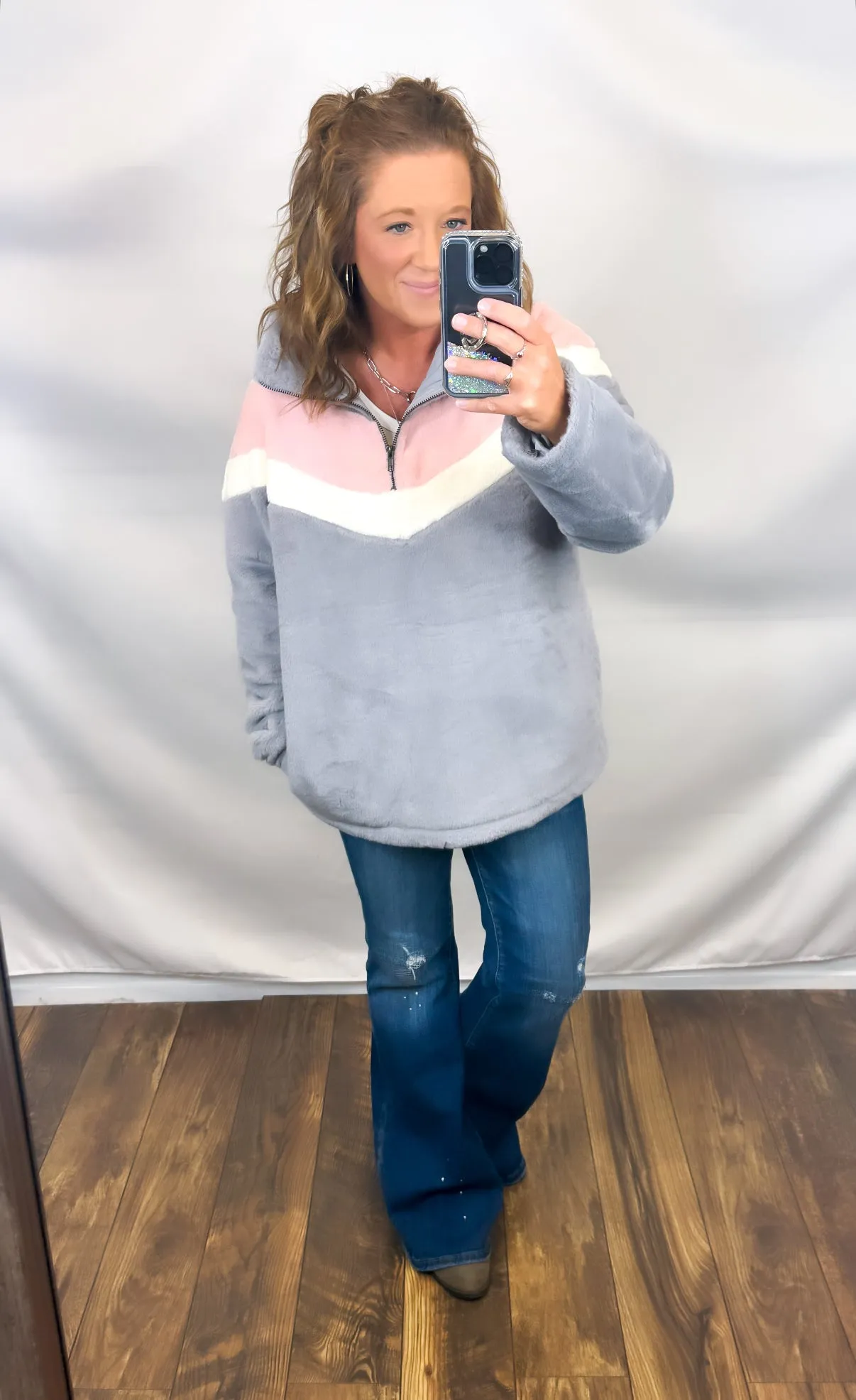 Gray Pink Cream 1/2 Zip Fleece Pullover