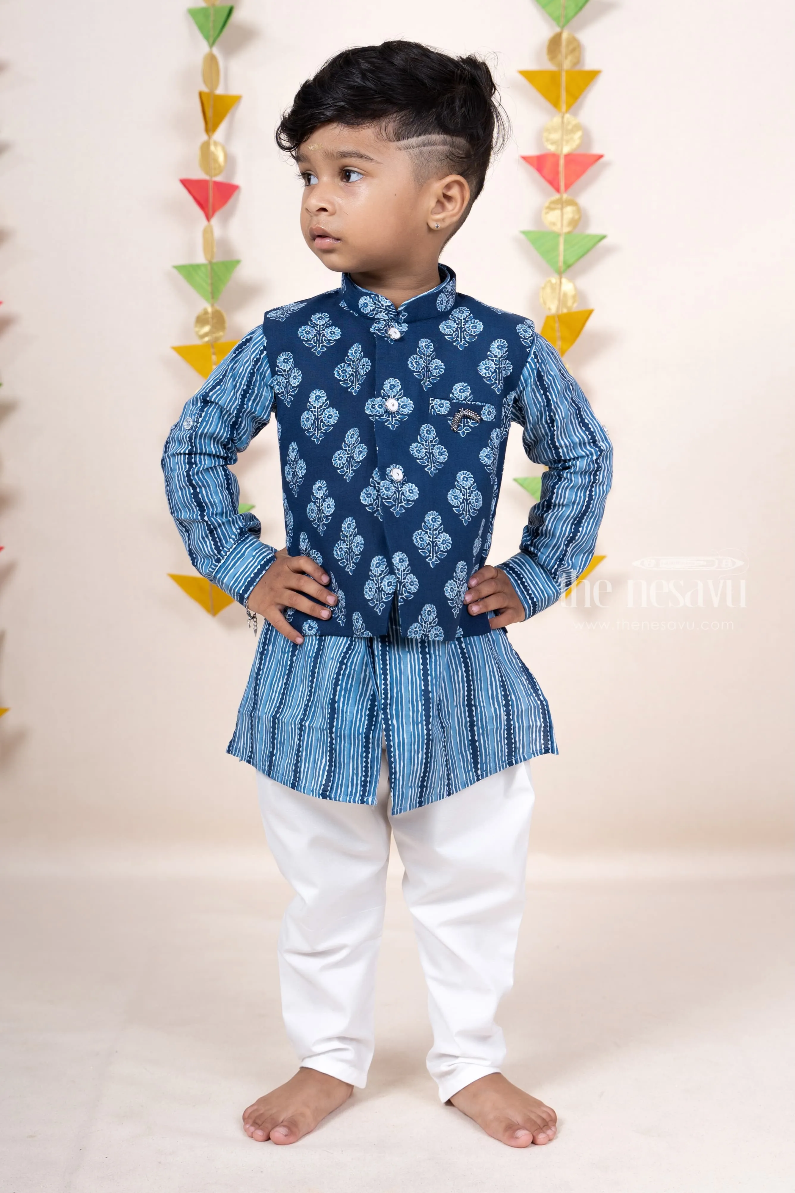 Indigo Blue Soft Cotton Printed Kurta Suit For Baby Boys