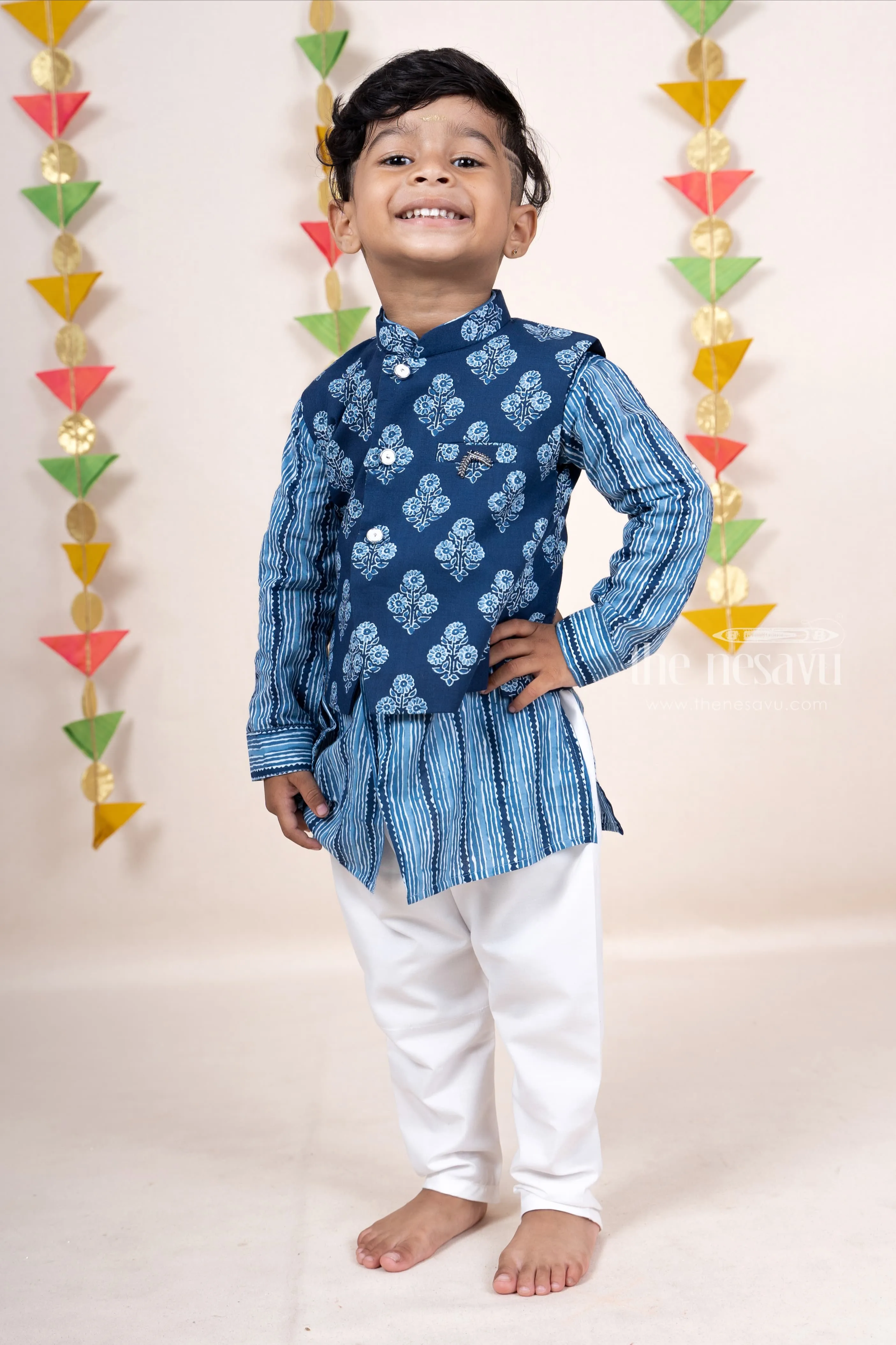 Indigo Blue Soft Cotton Printed Kurta Suit For Baby Boys