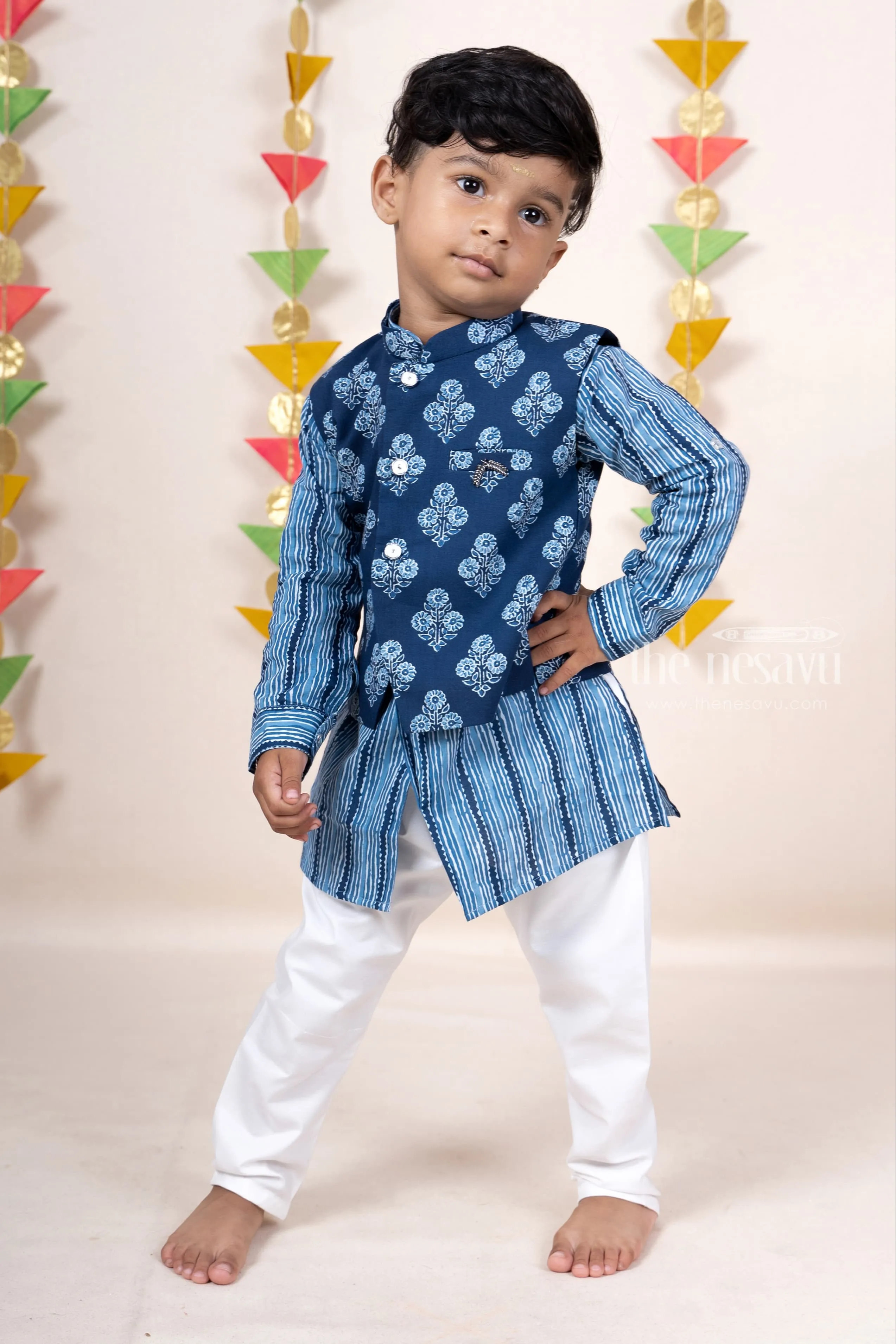 Indigo Blue Soft Cotton Printed Kurta Suit For Baby Boys