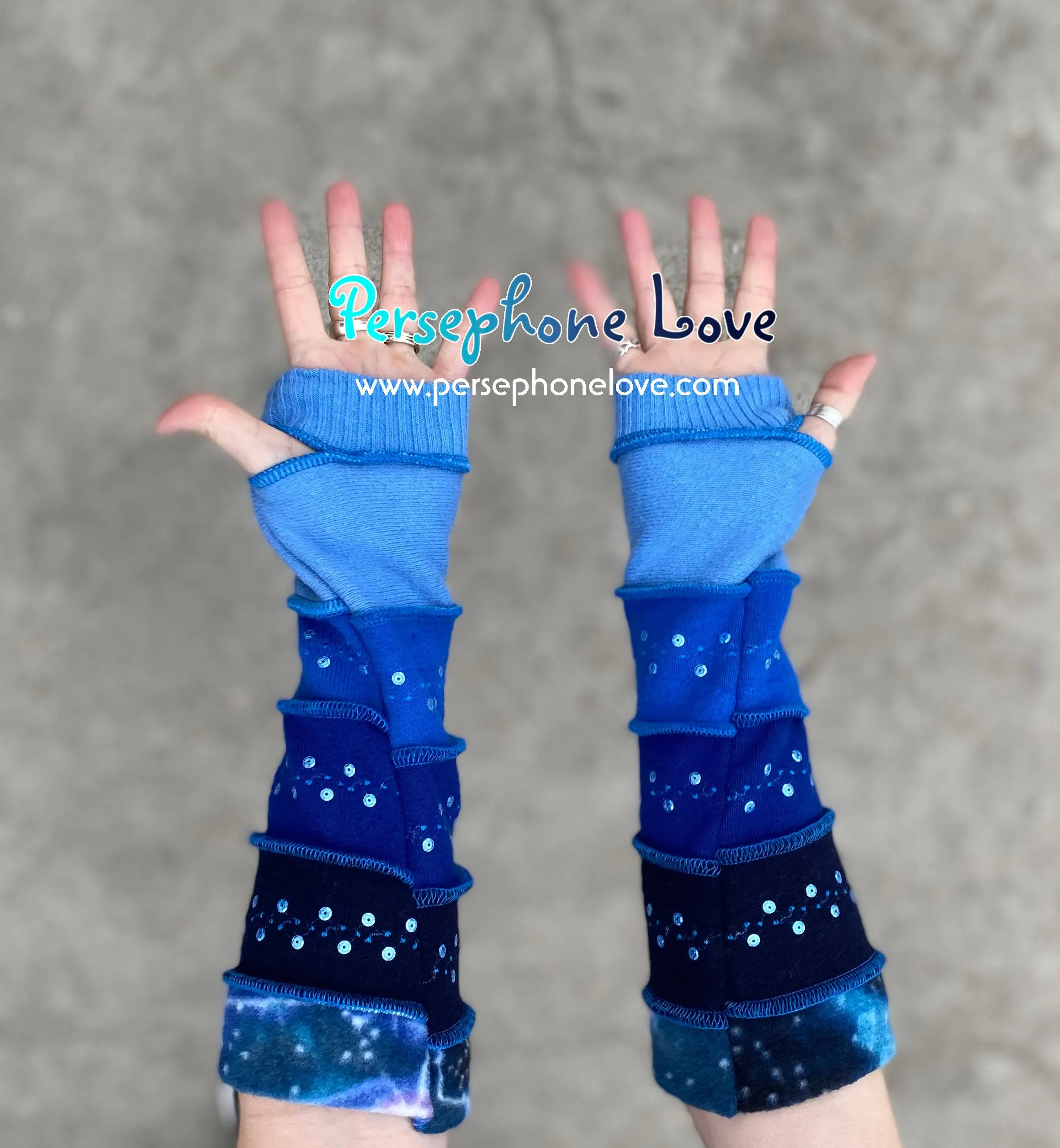 Katwise inspired needle-felted galaxy blue upcycled sweater arm warmers with sequins-1359