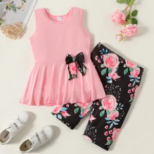 Kid Girl Bowknot Design Sleeveless Tee and Floral Print Leggings Shorts Set 2 pcs