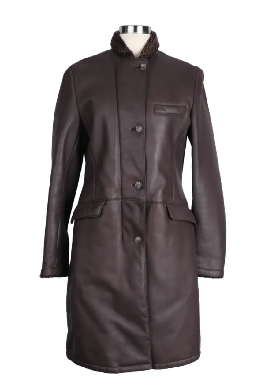 Leather Shearling Lined Overcoat-Brown