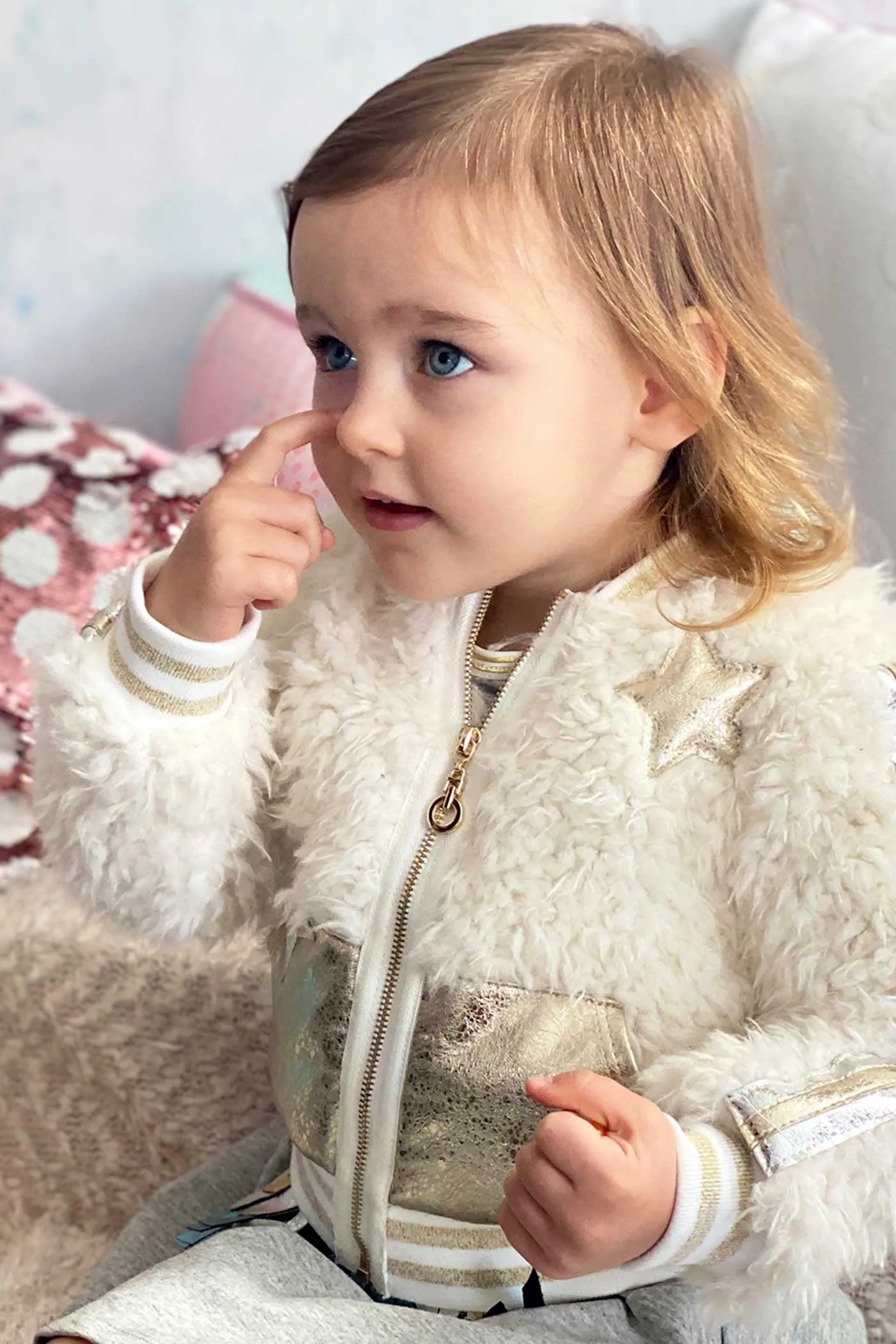 Little Girls Gold Leather and Sherpa Mixed Bomber Jacket