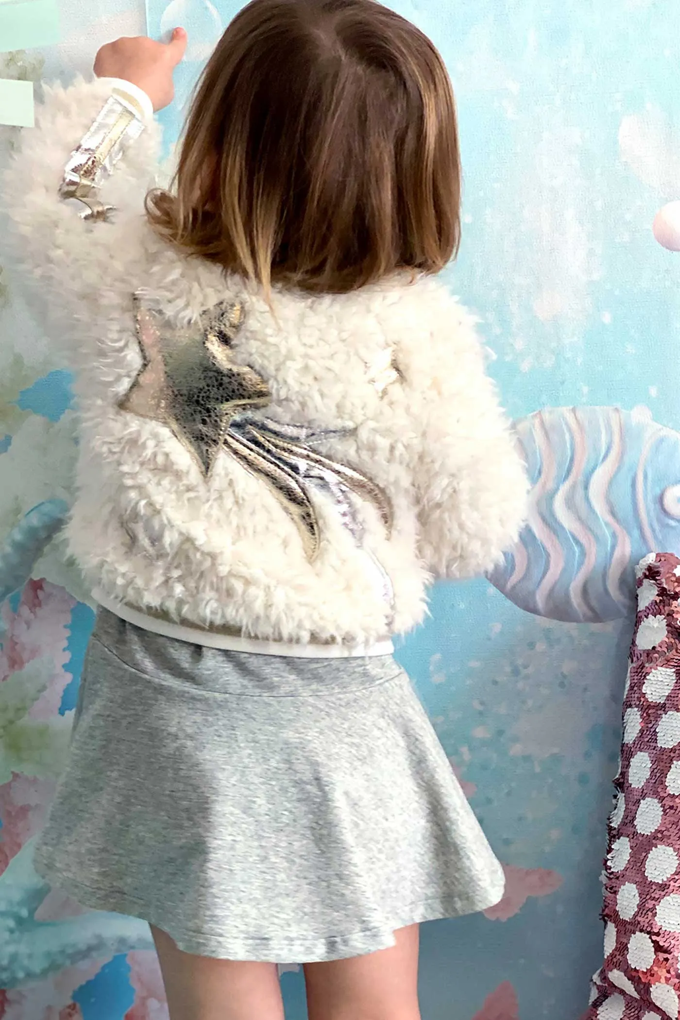 Little Girls Gold Leather and Sherpa Mixed Bomber Jacket