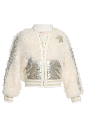 Little Girls Gold Leather and Sherpa Mixed Bomber Jacket