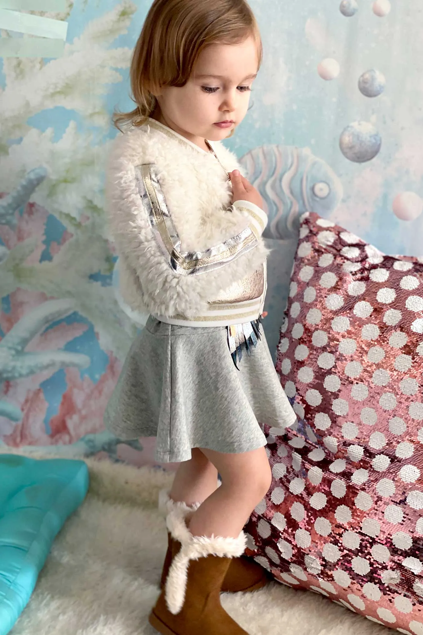 Little Girls Gold Leather and Sherpa Mixed Bomber Jacket