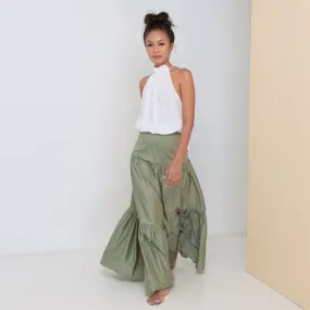 LONG VOLANTS SKIRT - Cotton Sateen | Light Olive Green