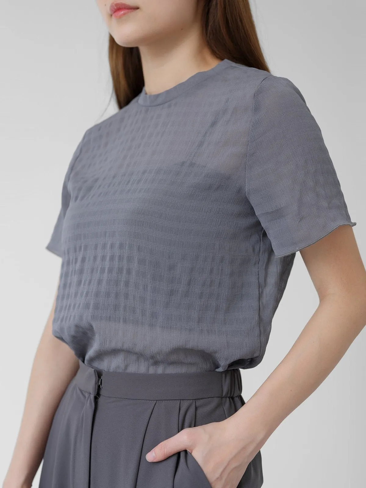 Lucille Shirring Textured Tie Neck Top