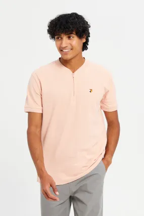 Men Pink Henley Polo Shirt