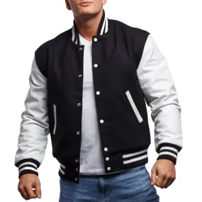 Mens Black And White Leather Varsity Jacket