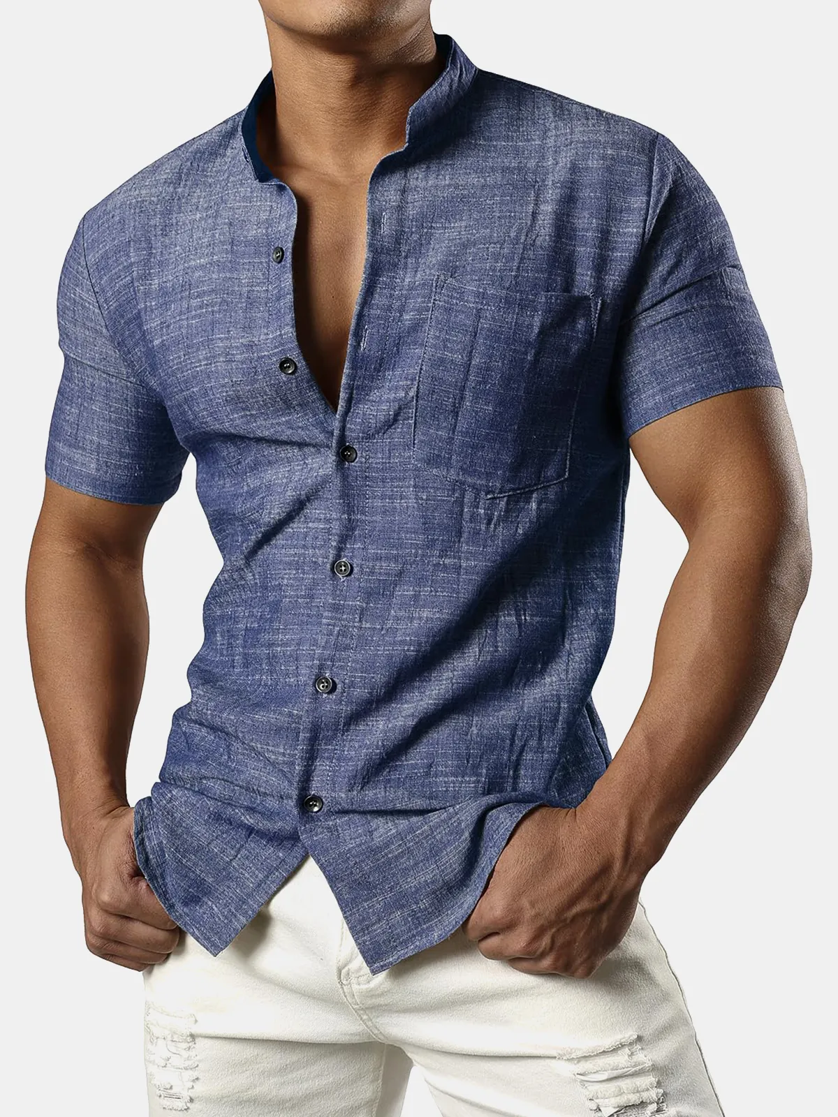 Men's Casual Cotton Linen Henley Pocket Short Sleeve Botton Hawaiian Beach Shirt