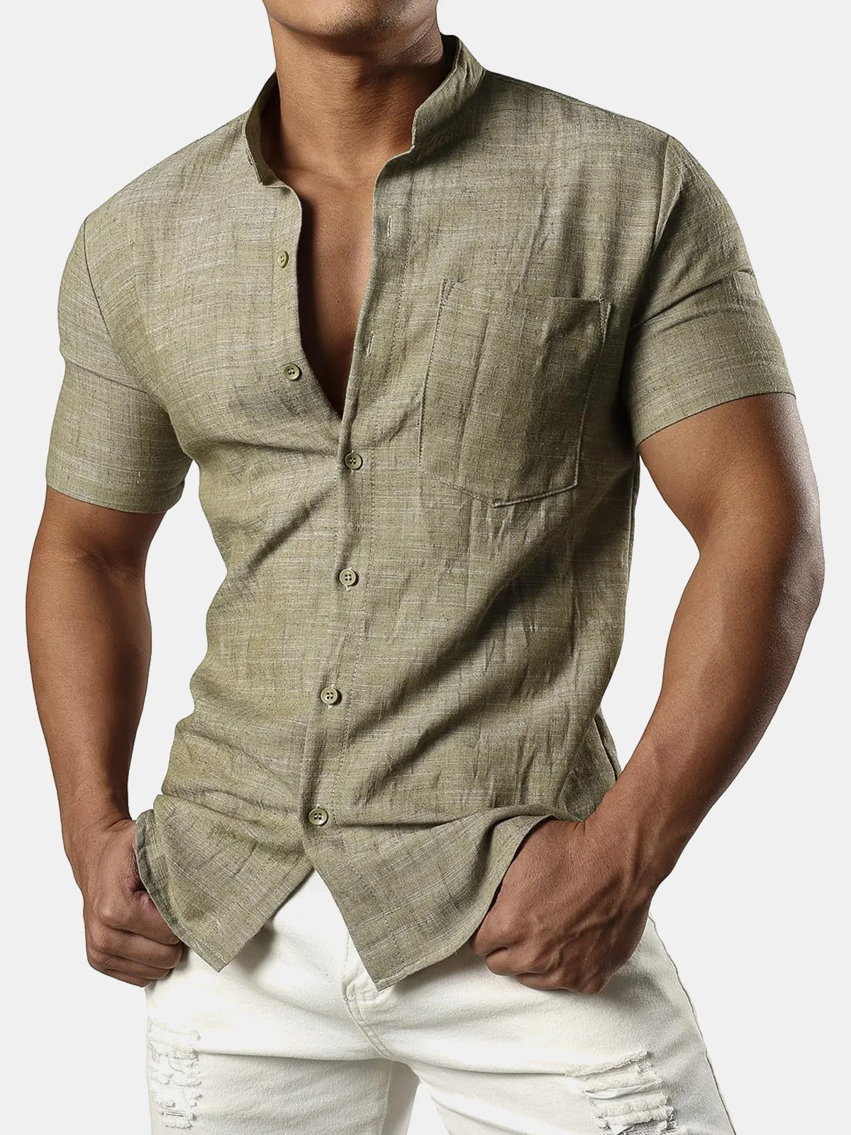 Men's Casual Cotton Linen Henley Pocket Short Sleeve Botton Hawaiian Beach Shirt