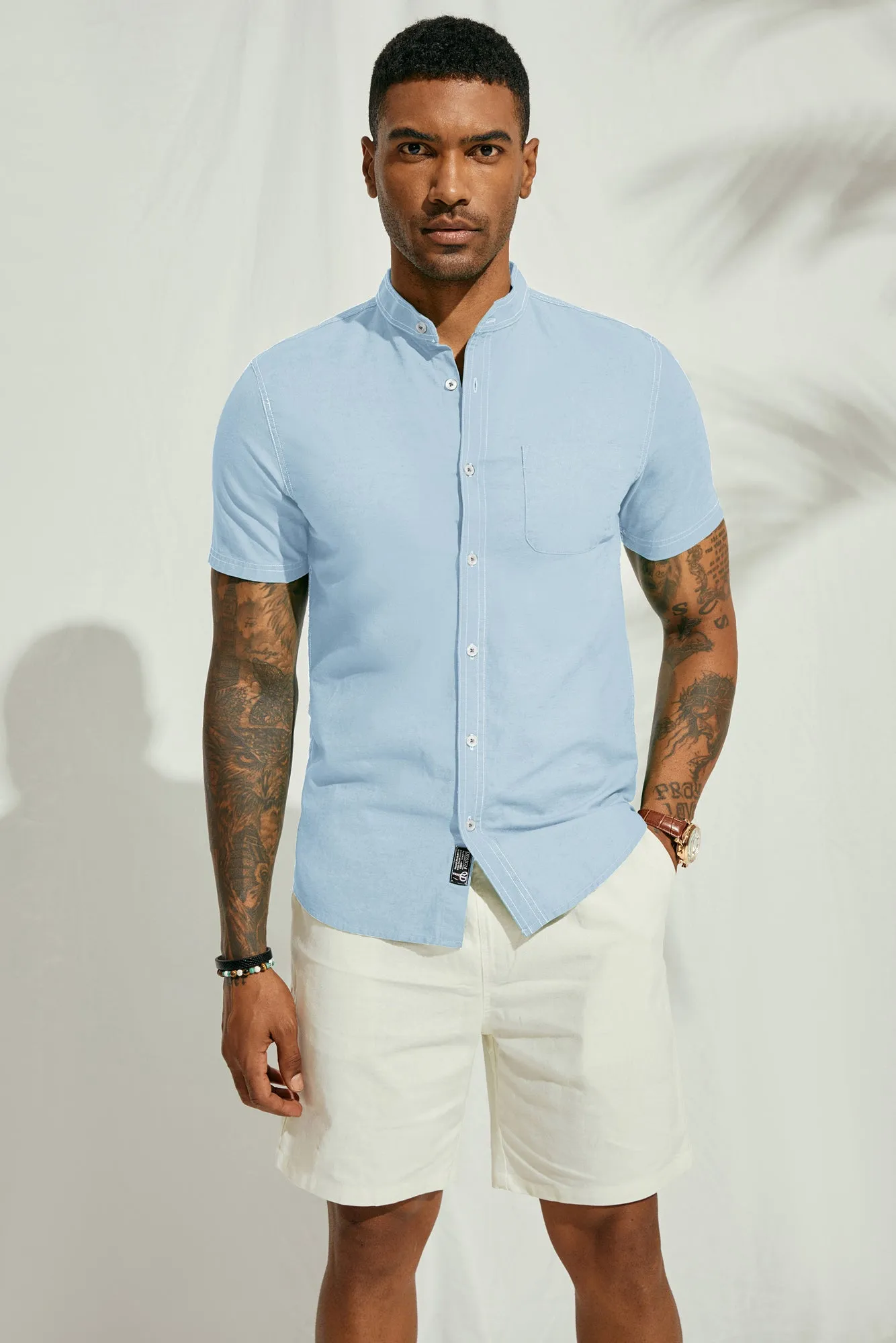 Mens Linen Henley Shirts Band Collar Short Sleeve Hippie Beach Shirts