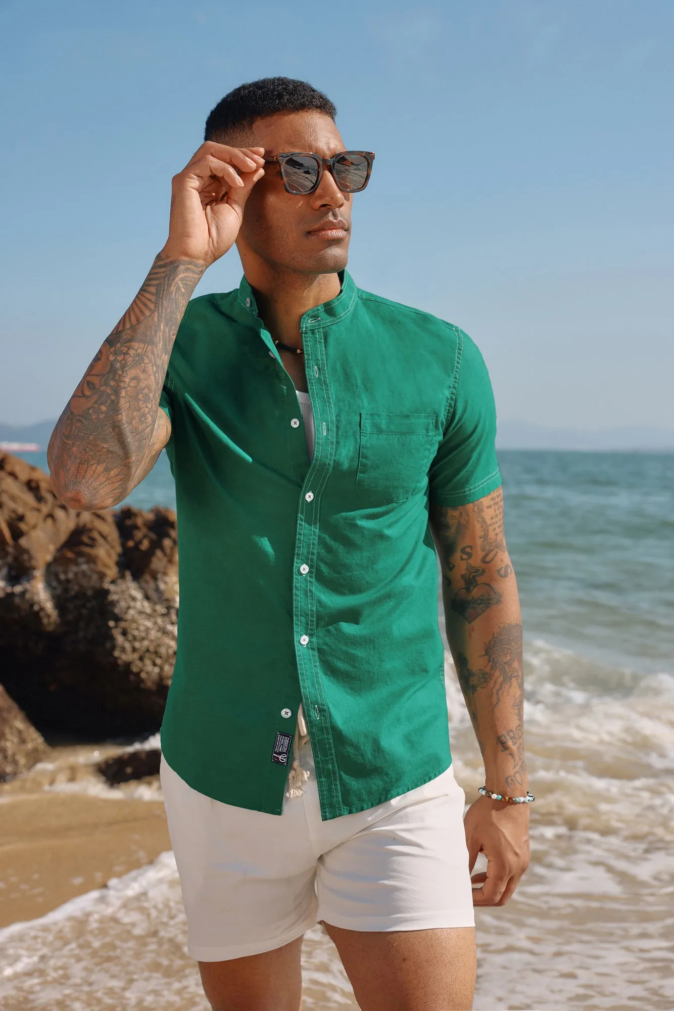 Mens Linen Henley Shirts Band Collar Short Sleeve Hippie Beach Shirts