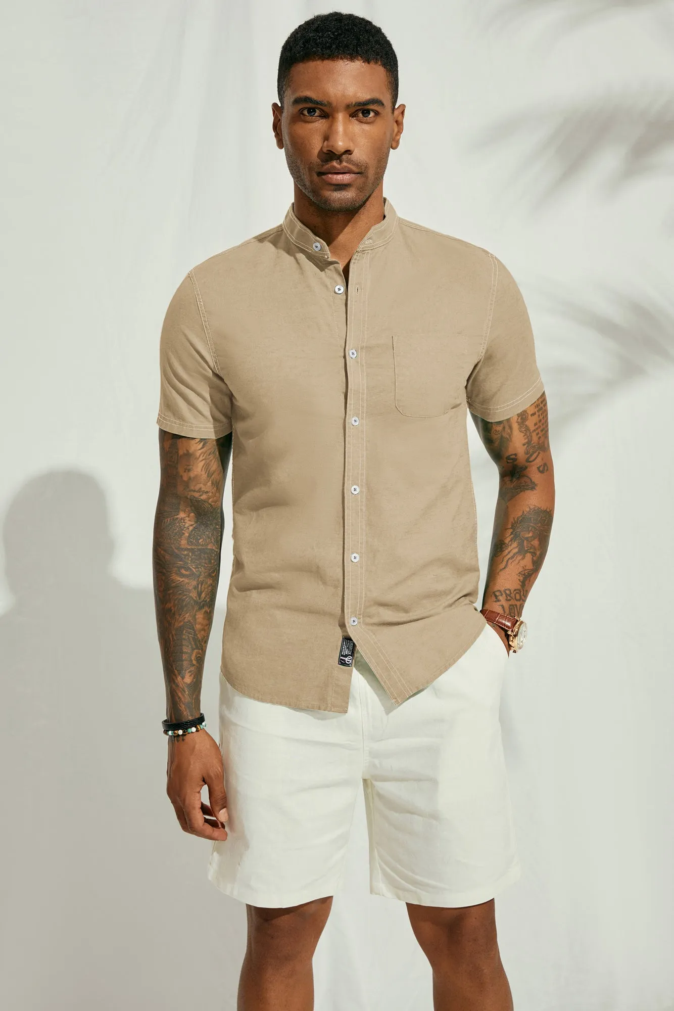 Mens Linen Henley Shirts Band Collar Short Sleeve Hippie Beach Shirts