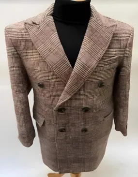 Mens Plaid Overcoat - Hounstooth Checker Pattern Topcoat - Double Breasted Six Button Rust Brown