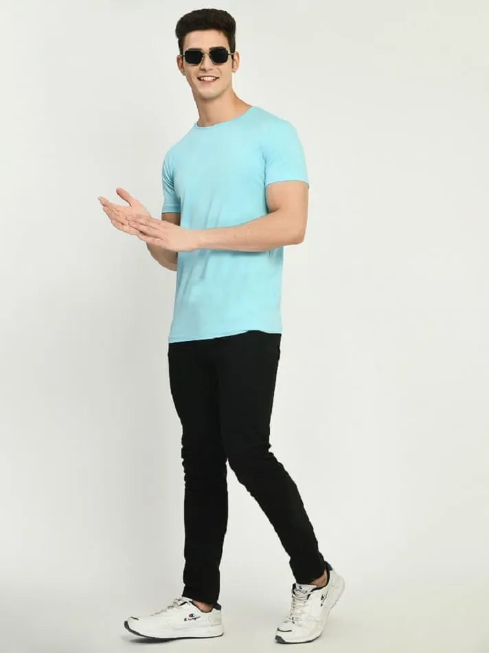 Men's Sky Blue Solid Regular Fit T-Shirt