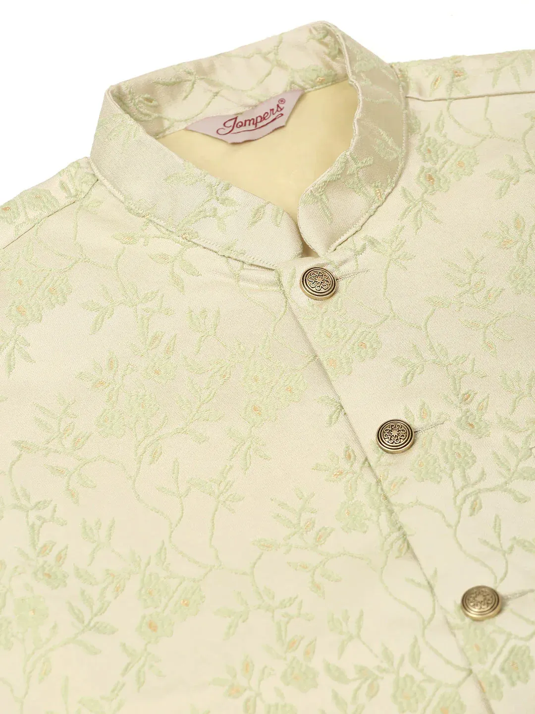 Men'S Solid Kurta Pyjama With Pista Green Floral Embroidered Nehru Jacket