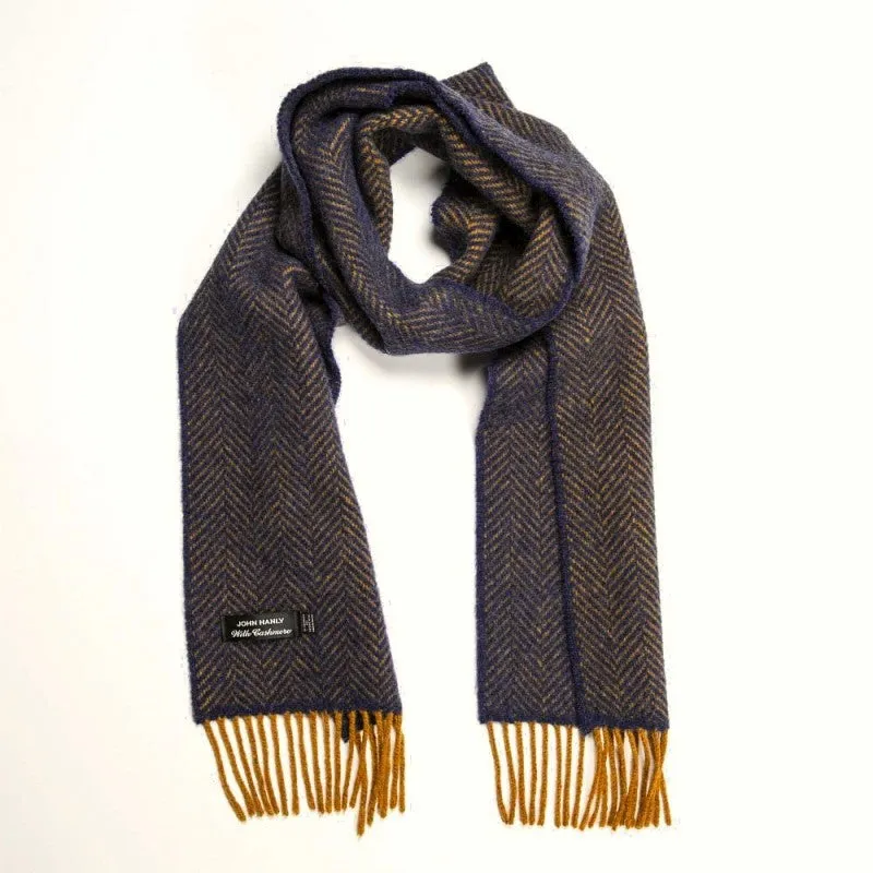 Merino and Cashmere Scarf - Navy and Mustard Herringbone - John Hanly