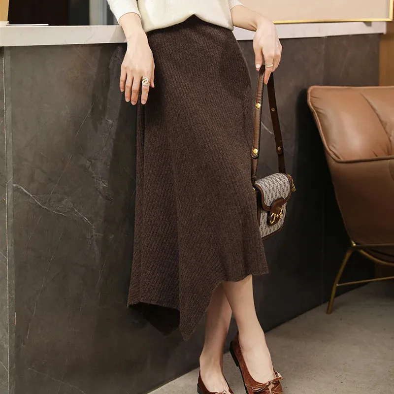 Merino Wool Skirt for Women, Korean Style, Asymmetrical Knee-Length, Autumn/Winter Fashion