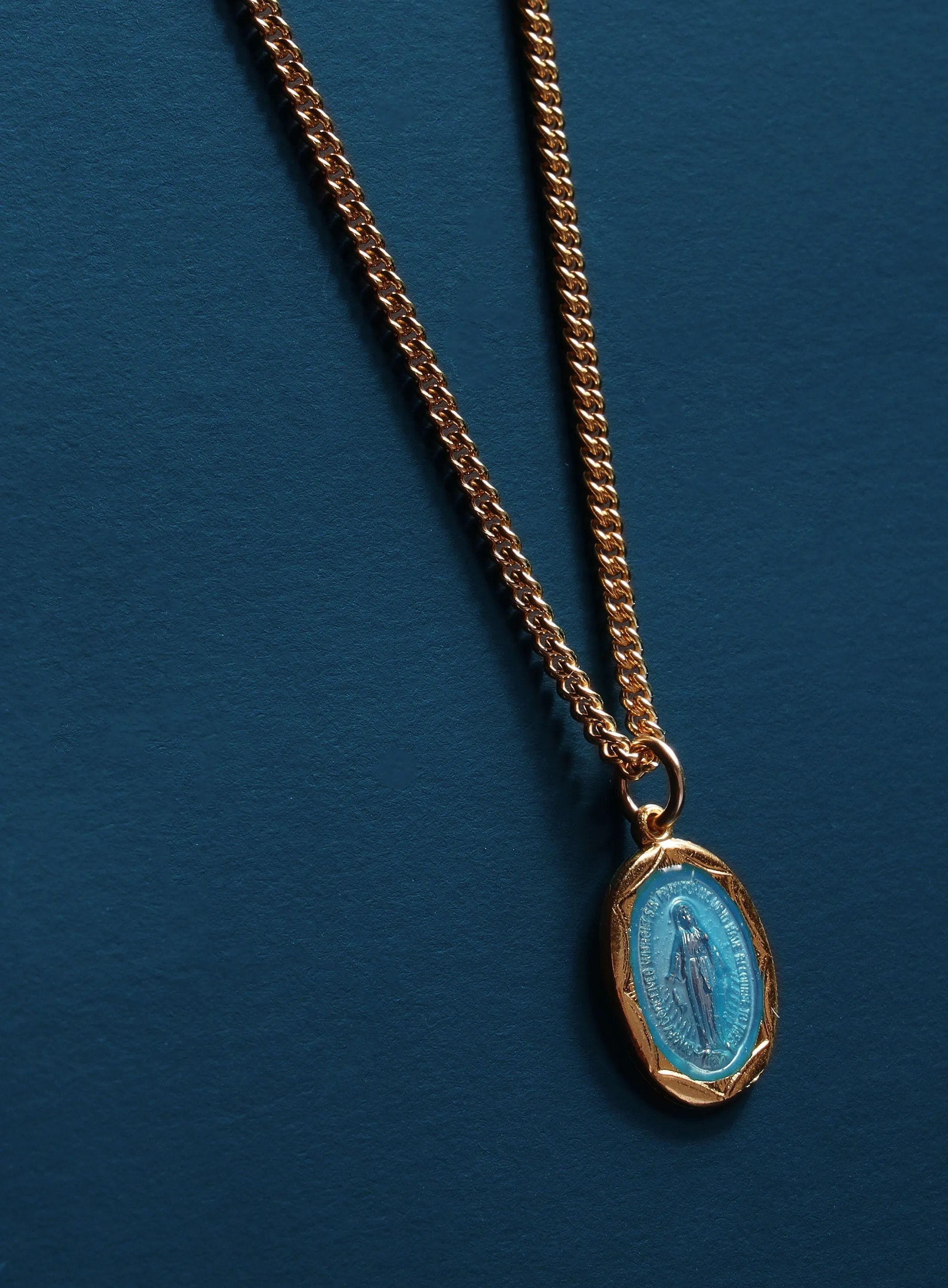 Miraculous medal with blue enamel on 14k Gold Filled Chain