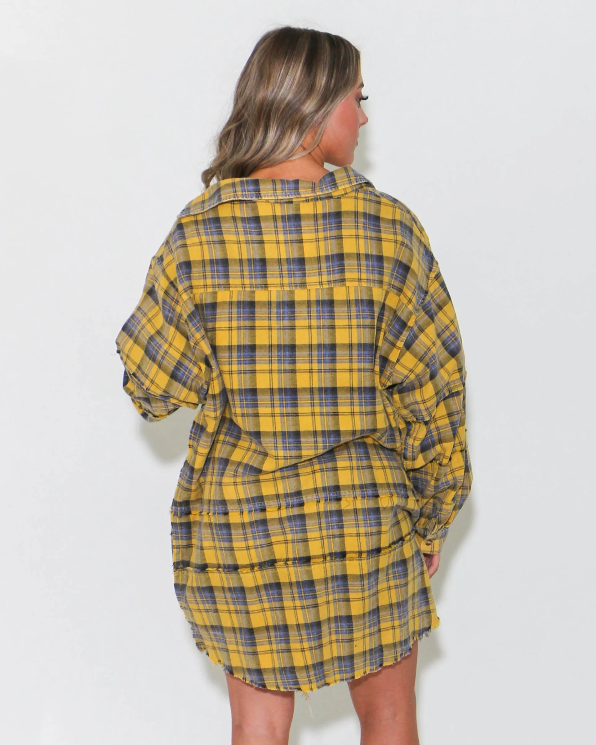 Mustard Mineral Wash Plaid Button Down Top