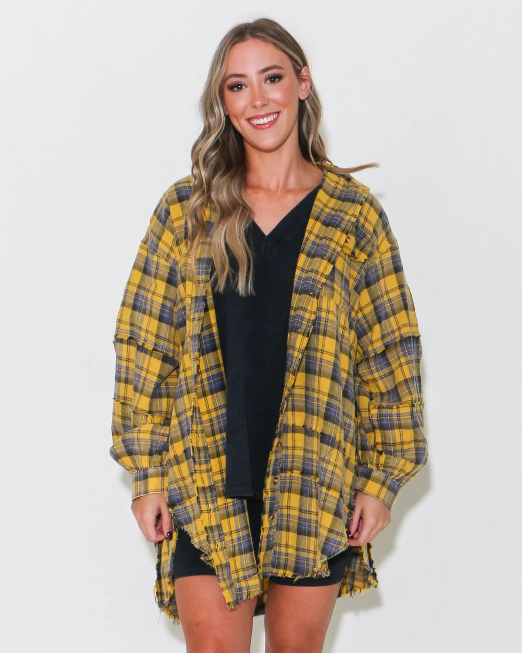 Mustard Mineral Wash Plaid Button Down Top