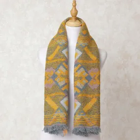 Mustard yellow, beige, copper brown poly wool scarf in abstract design-D10684