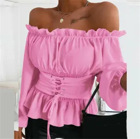 Off-Shoulder Lace-up Ruffled Top