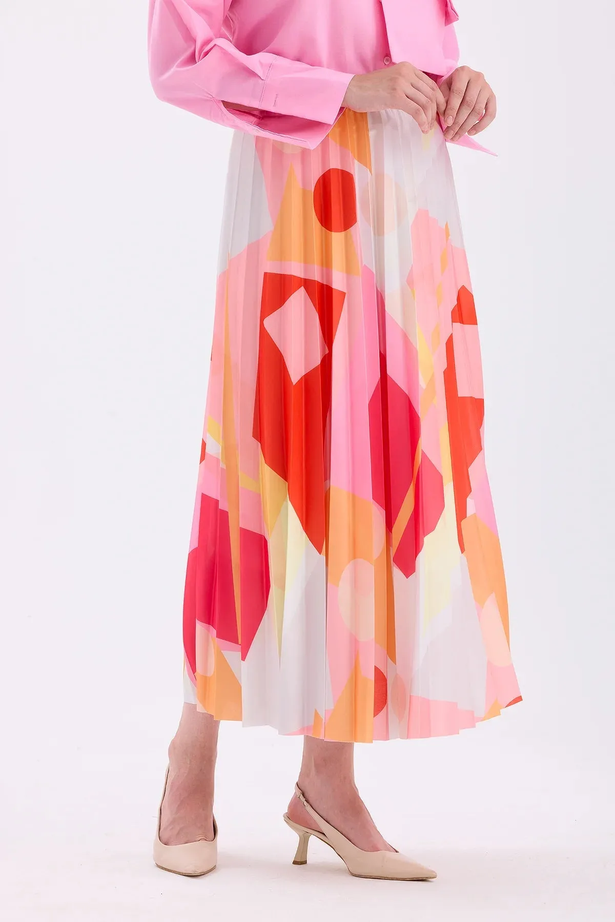 PATTERNED DRY ROSE PLEATED SKIRT