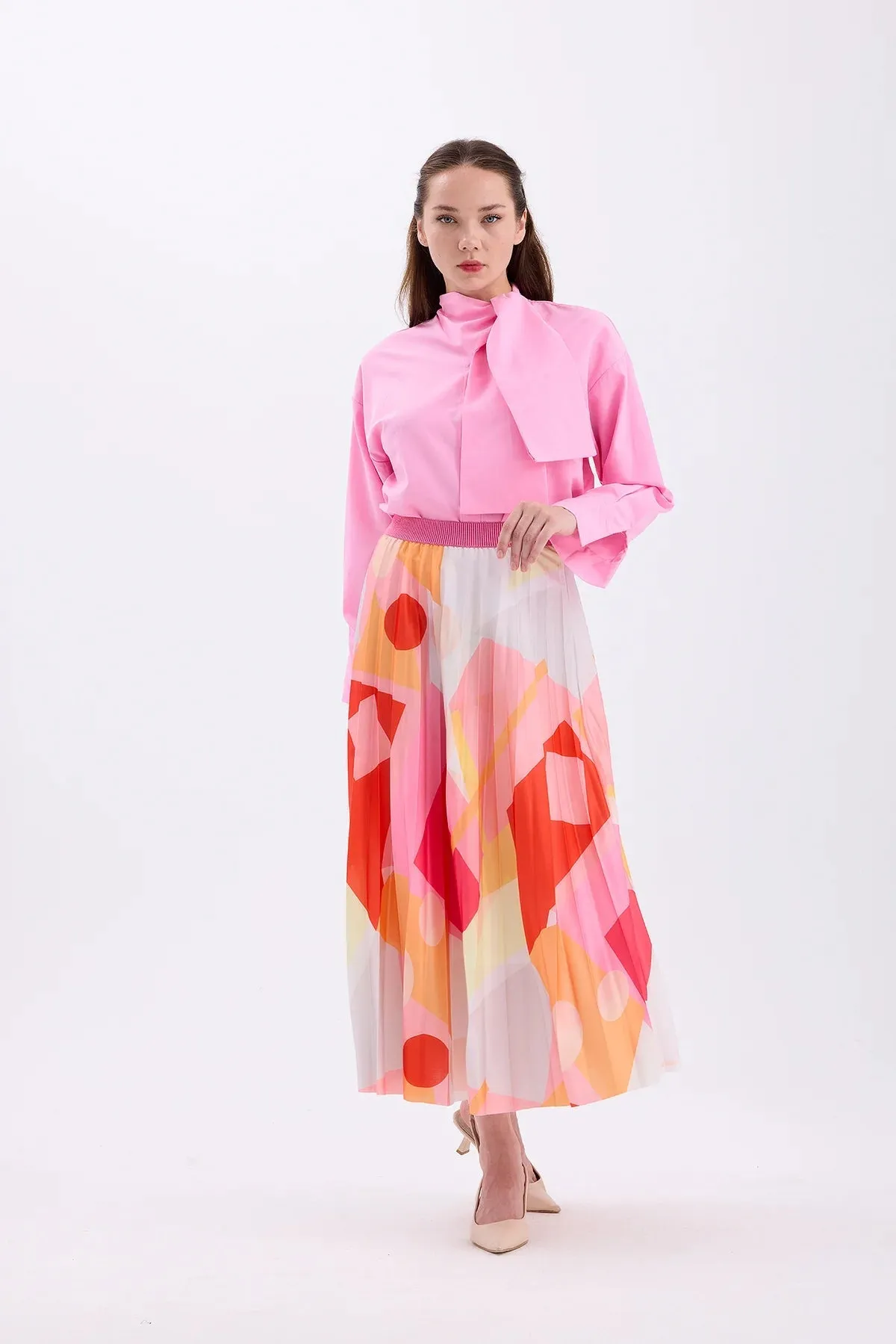 PATTERNED DRY ROSE PLEATED SKIRT