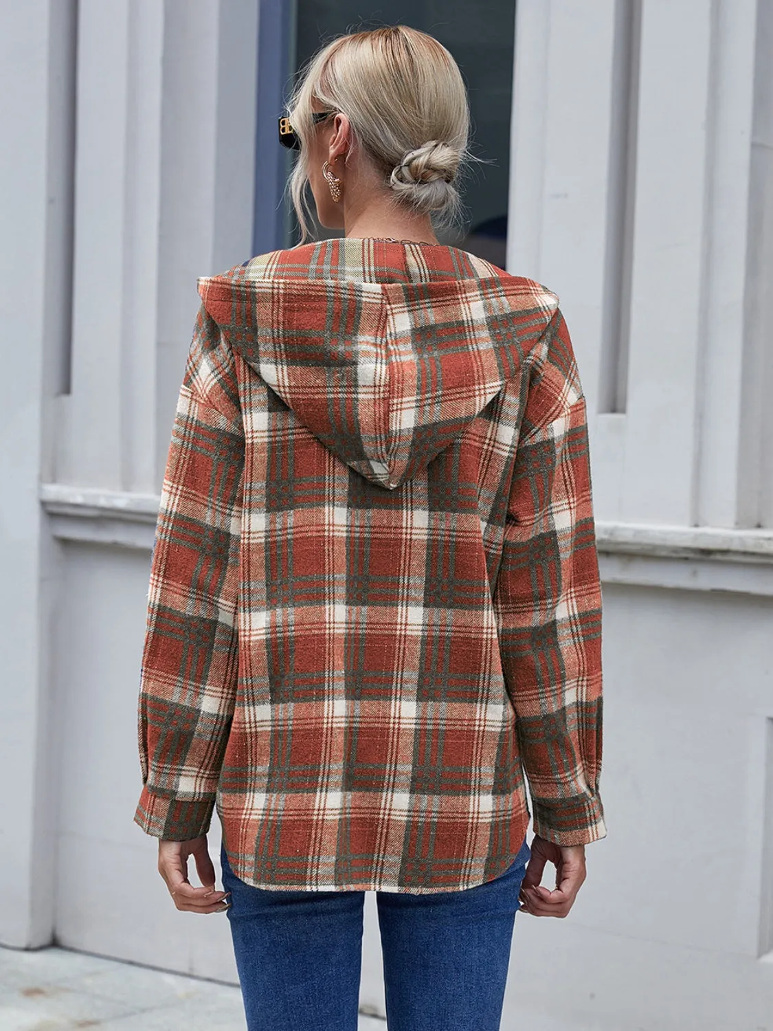 Plaid Button Up Long Sleeve Hooded Jacket